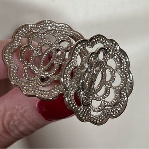 Vintage Retro Oversized Lace Filigree Floral Silver Maximalism Clip Earrings
